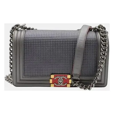 Chanel Dark Grey Cube Embossed Lambskin Leather Large Boy Bag