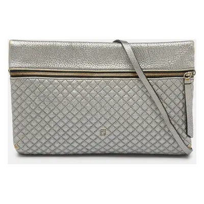 CH Carolina Herrera Metallic Silver Quilted Leather Front Zip Crossbody Bag