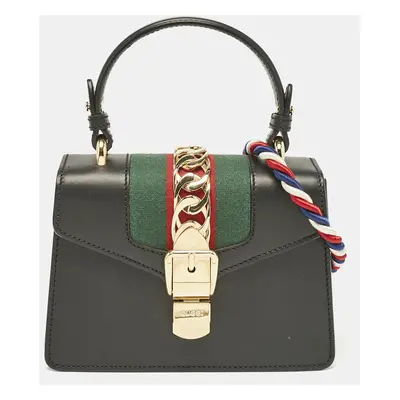 Gucci Black Leather Mini Web Chain Sylvie Top Handle Bag