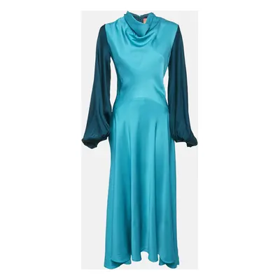 Roksanda Ilincic Jigsaw Blue Satin Cowl Neck Color-Block Asymmetric Long Dress