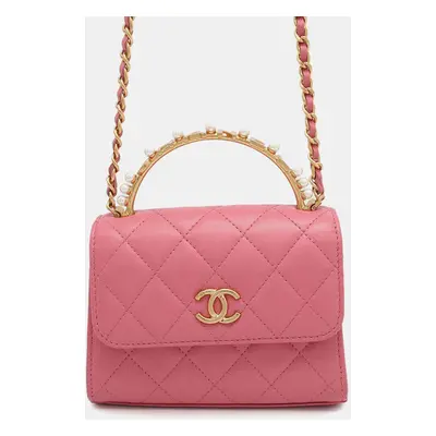 Chanel Pink Lambskin Matelasse Pearl Handle Handbag