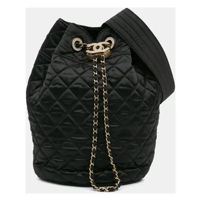 Chanel Black Quilted Nylon Crystal CC Drawstring Sling Bag