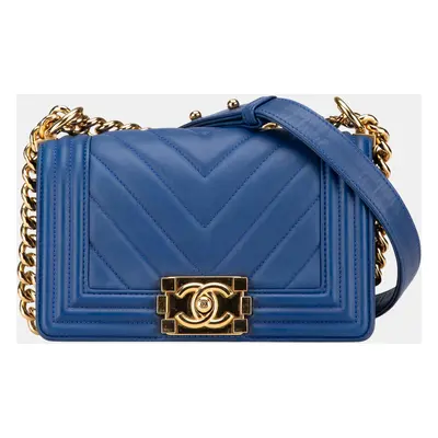 Chanel Blue Chevron Lambskin Small Boy Flap Bag