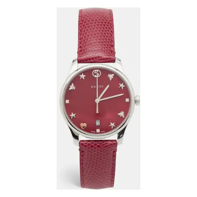 Gucci Red Mother Of Pearl Stainless Steel Lizard Skin Leather G-Timeless