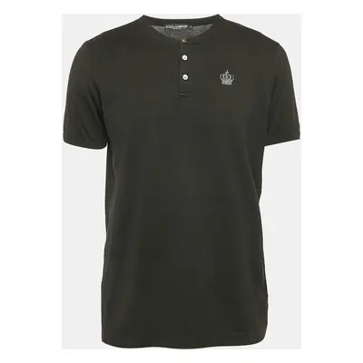 Dolce & Gabbana Black Crown Embroidery Cotton Henley T-Shirt