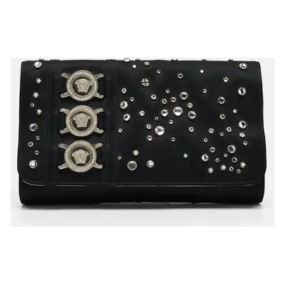 Versace Black Satin Studded Crystals Medusa Logo Clutch