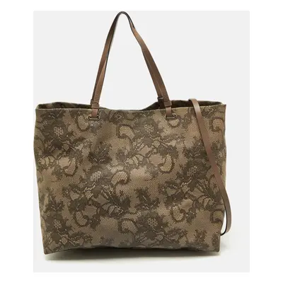 Valentino Beige Lace Print Coated Canvas Shopper Tote