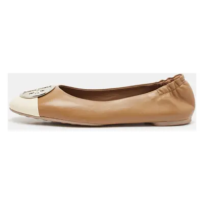 Tory Burch Brown/Cream Leather Claire Cap Toe Ballet Flats Size 40.5