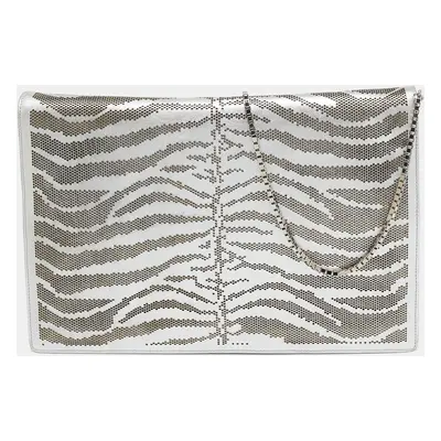 Roberto Cavalli Silver Perforated Zebra Effect Leather Chain Flap Clutch