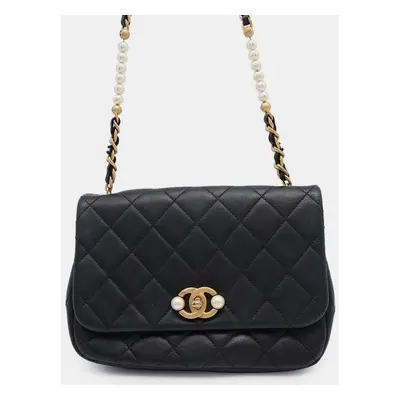 Chanel Black Calf Leather CC Pearl Shoulder Bag