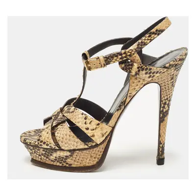 Saint Laurent Beige/Black Python Embossed Leather Tribute Platform Sandals Size