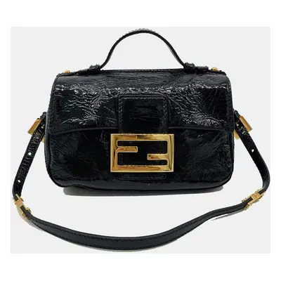 Fendi Black Patent And Silk Zucca Double Mini Baguette