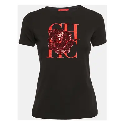 CH Carolina Herrera Black Sequin Rose and CH Embroidered Jersey T-Shirt