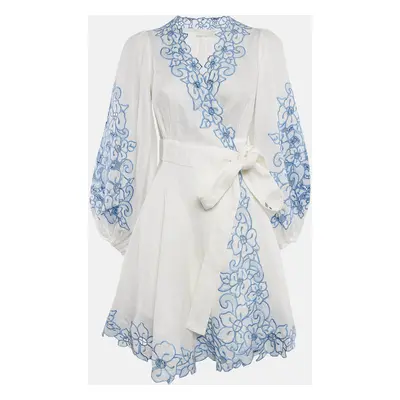 Zimmermann White Floral Embroidery Linen Mini Wrap Dress