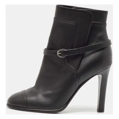 Chanel Black Leather Cap Toe CC Buckle Detail Ankle Boots Size