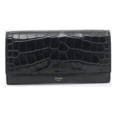 Celine Black Croc Embossed Leather Continental Wallet