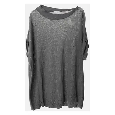 Brunello Cucinelli Grey Silk Knit Sequin Crew Neck Top