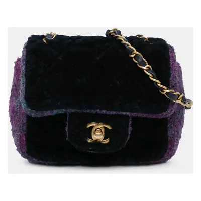 Chanel Navy Blue Mini Square Classic Multicolor Shearling Single Flap