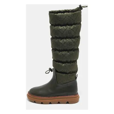 Tory Burch Green Leather and Nylon Leccio Snow Boots Size 39.5