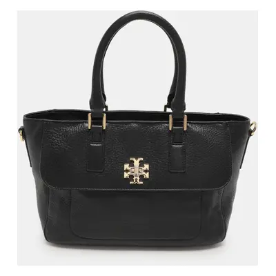 Tory Black Grained Leather Turnlock Flap Tote