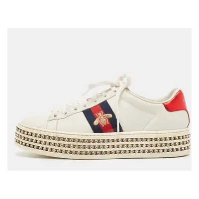 Gucci White Leather Bee Web New Ace Crystal Embellished Platform Sneakers Size