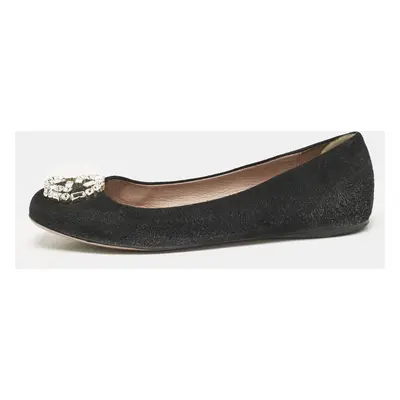 Gucci Black Suede Interlocking G Crystal Ballet Flats Size 38.5