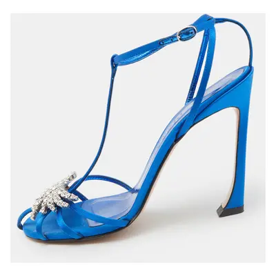 Pierre Balmain Blue Satin Crystal Embellished T-Strap Sandals Size