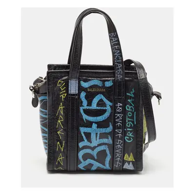 Balenciaga Black Graffiti Printed Leather Bazar Tote