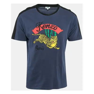 Kenzo Navy Blue Tiger Print Cotton Crew Neck T-Shirt