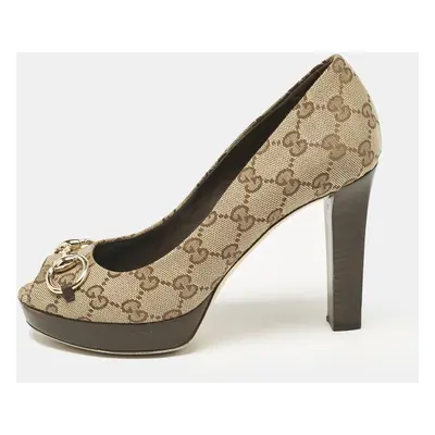 Gucci Beige GG Canvas New Hollywood Horsebit Peep Toe Pumps Size