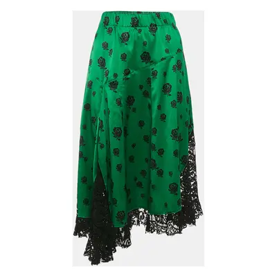 Kenzo Green Floral Print Lace Trim and Silk Midi Skirt