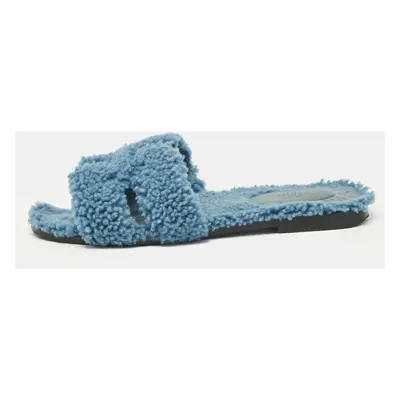 Hermes Blue Shearling Fur Oran Flat Slides Size