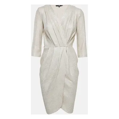 Elisabetta Franchi Metallic/Cream Foil Print Textured Crepe Wrap Dress