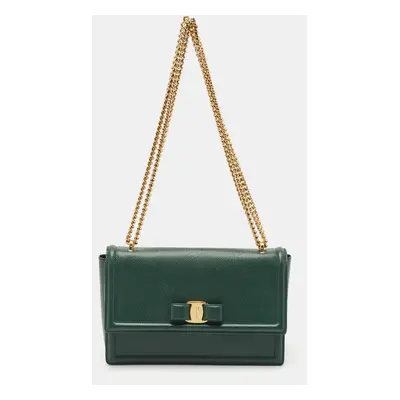 Salvatore Ferragamo Green Leather Ginny Shoulder Bag