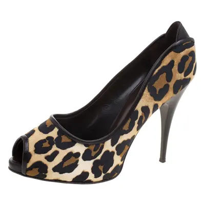 Giuseppe Zanotti Leopard Print Canvas Peep Toe Pumps Size 38.5