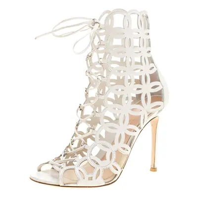 Gianvito Rossi White Cutout Leather Lace Up Peep Toe Sandals Size