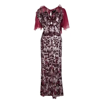 Jenny Packham Red Sequin Embellished Ruffled Sleeve Maxi Dress