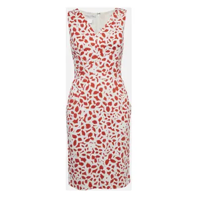 Oscar de la Renta White/Red Floral Print Cotton Sleeveless Short Dress