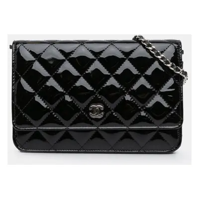 Chanel Black CC Quilted Patent Wallet On Chain