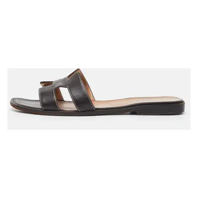 Hermes Dark Brown Leather Oran Flat Slide Sandals Size