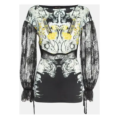 Roberto Cavalli Jersey Multicolor Print Lace Detailed Top