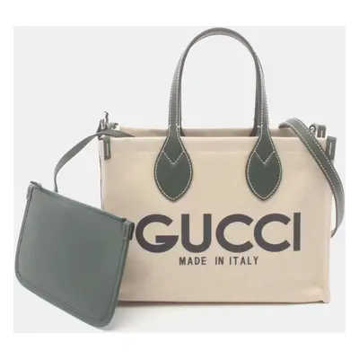 Gucci Beige Green Canvas Leather Printed Bag