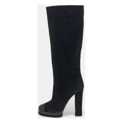 Chanel Black Suede Cap Toe Platform Knee Length Boots Size