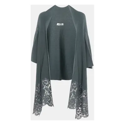 Valentino Grey Wool Rib Knit & Lace Trim Open Cardigan