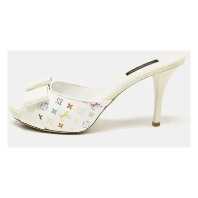 Louis Vuitton White Multicolore Monogram Canvas and Patent Leather Slide Sandals Size