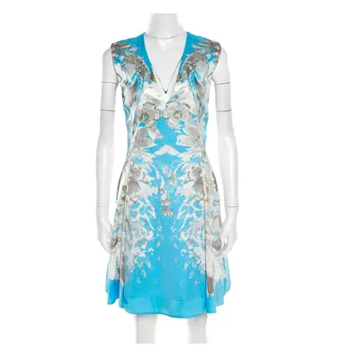 Roberto Cavalli Blue Floral Printed Satin Sleeveless Flared Dress