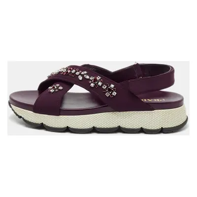 Prada Purple Fabric and Leather Crystals Cross Strap Flats Size 40.5