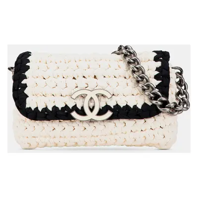 Chanel Black White Neoprene Fancy Crochet Flap