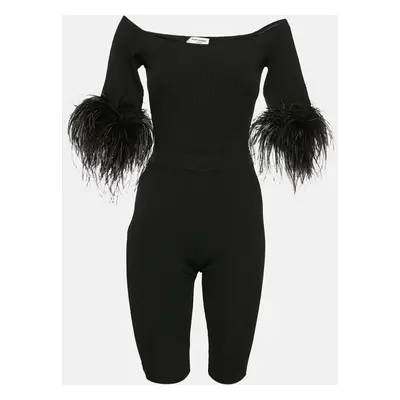 Saint Laurent Black Ostrich Feather Trim Rib Knit Jumpsuit