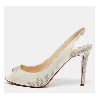 Christian Louboutin Cream/Grey Python Embossed Leather Peep Toe Slingback Sandals Size